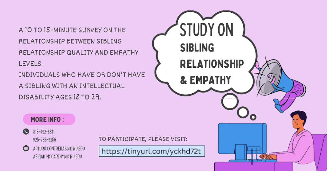 A thought bubble and with words Study on Sibling Relationship and Empathy. A pink background with wording on top describing the study