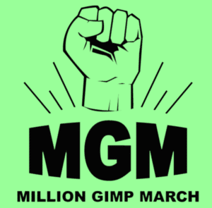 Fist pumping upward on light green background. Text reads Million Gimp March
