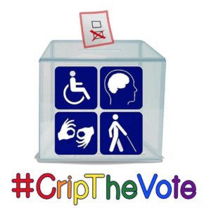 Logo for CripTheVote - open box with election ballot being dropped in. The box has symbols indicating disabilities.