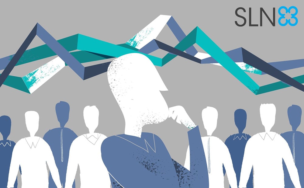 illustration of people under graphs and the SLN logo