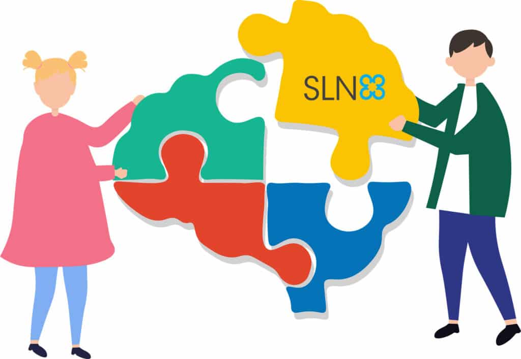A flat color illustration of a man and girl putting together puzzle pieces in the shape of a brain with the SLN logo on it.