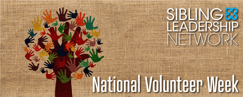 Title image with burlap background, with a colorful print of a tree with hand prints making up the leaves. SLN logo and "National Volunteer Week" displayed on the right.
