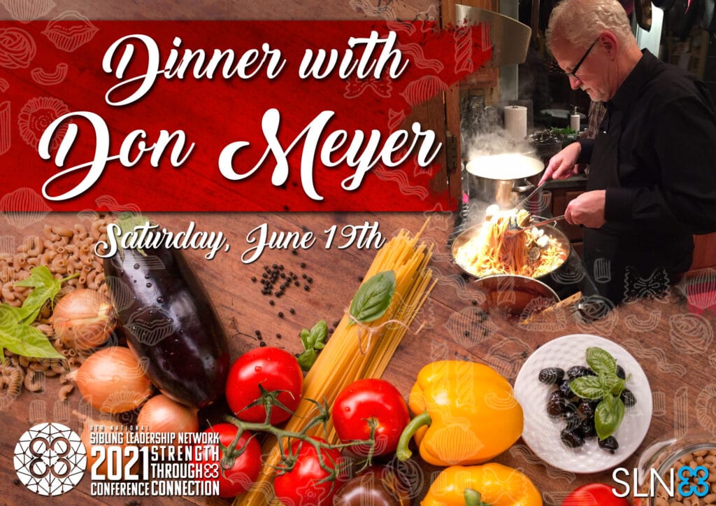 Title image of Don Meyer cooking pasta. Bottom layer image of pasta ingredients on wooden surface