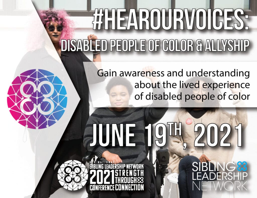 Title card with image of three disabled women of color raising their fists in solidarity
