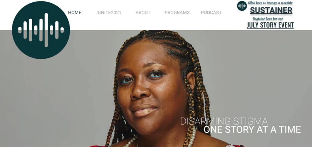 A woman looking into the camera with the words, "Disarming stigma, one story at a time"