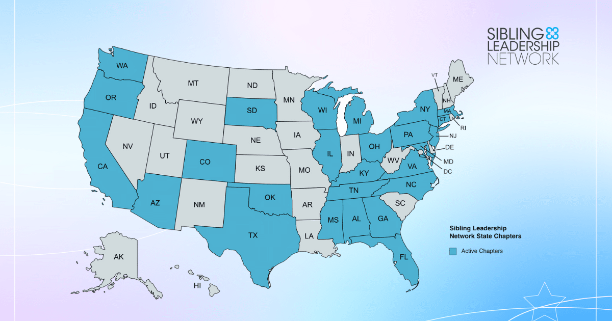 US map with SLN state chapters colored in blue, set against a blue and purple gradient background