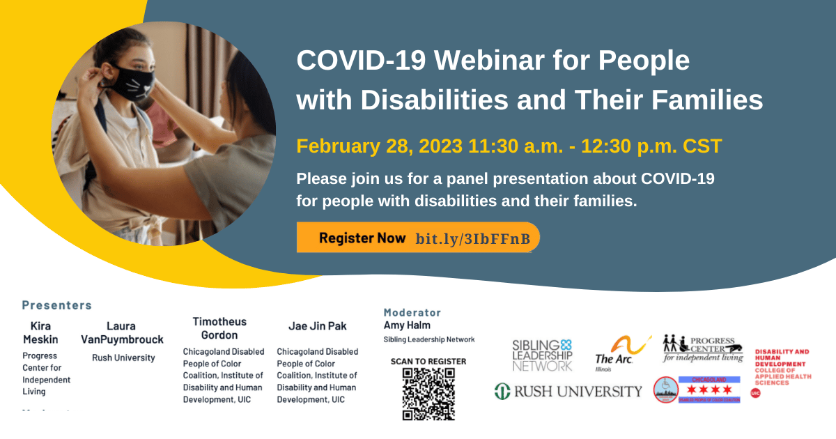 A photo of a child with a facemask and an adult. Wording set on a blue and yellow background.