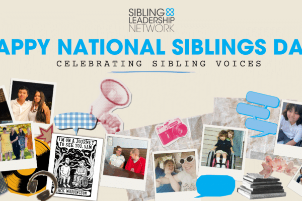 Blue wording and a collage of photos on a beige background