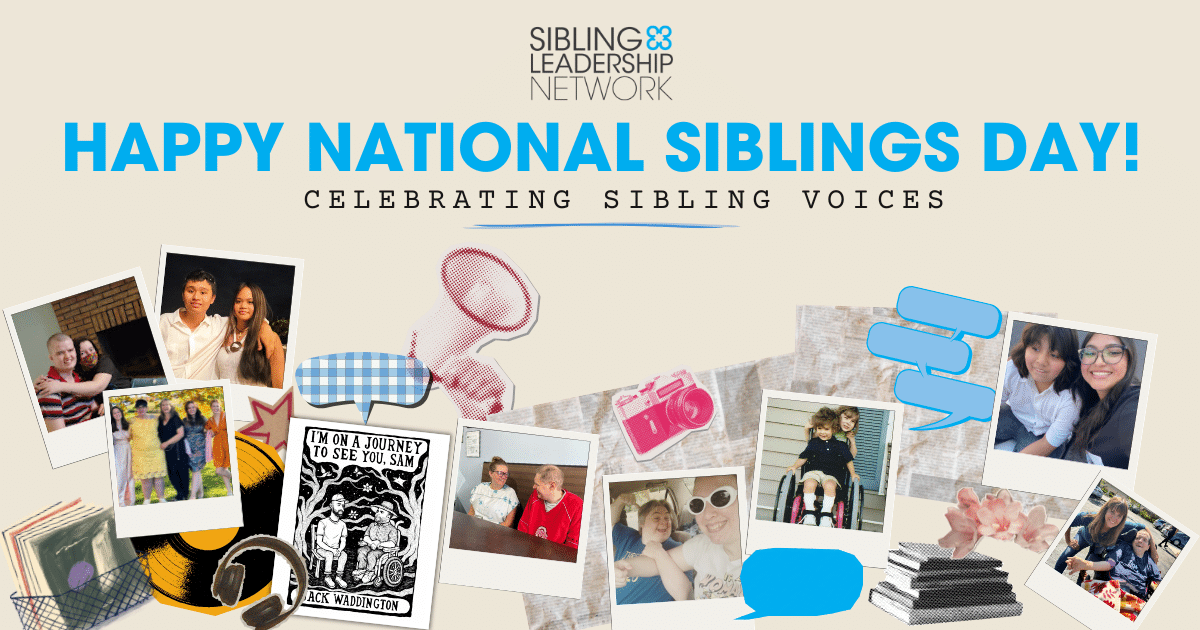 Blue wording and a collage of photos on a beige background