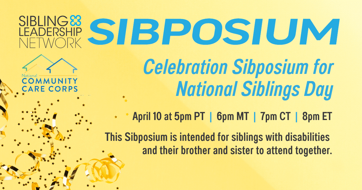 Sibposium details, wording on a yellow background with streamers.